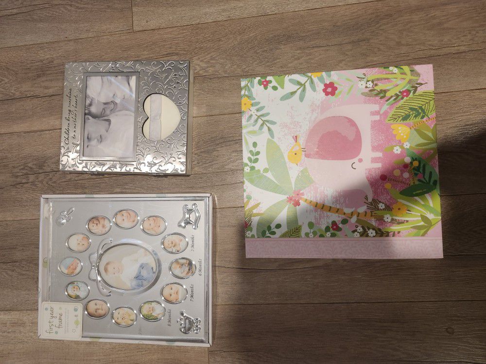 New Baby Book, Keepsake Box, 12 Month Photo Frame Mini Piggy Bank And Pink Elephant Lovey