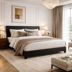 King Bed Frame with Adjustable Headboard, Faux Leather Platform Bed with Wood Slats, Heavy Duty Mattress Foundation, No Box Spring Needed, Noise-Free,