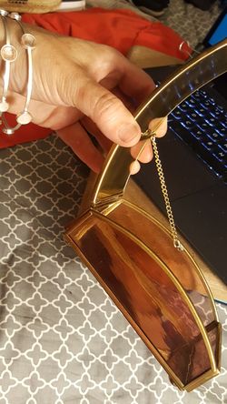 Vintage jewlery box brass and pink glass