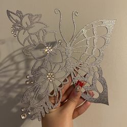 Silver Glitter Rhinestone Butterfly Wall Decor Art