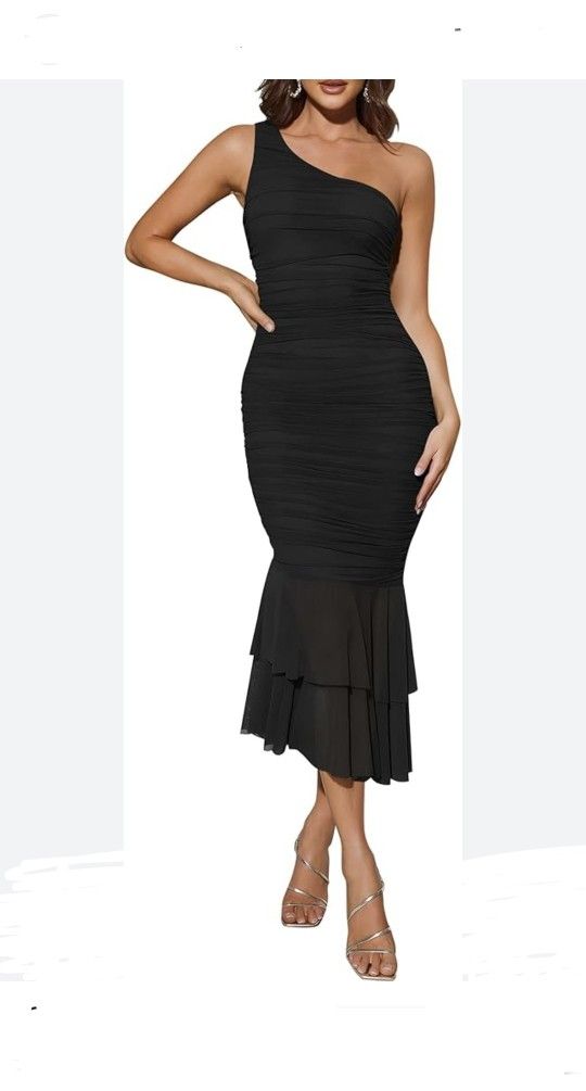 Zesica Ruched One Shoulder Cocktail Dress MEDIUM 