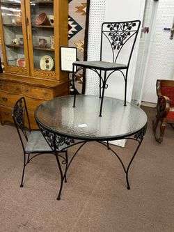 Grapevine 1950’s Wrought Iron Glass Top Patio Table w/ 2 Chairs