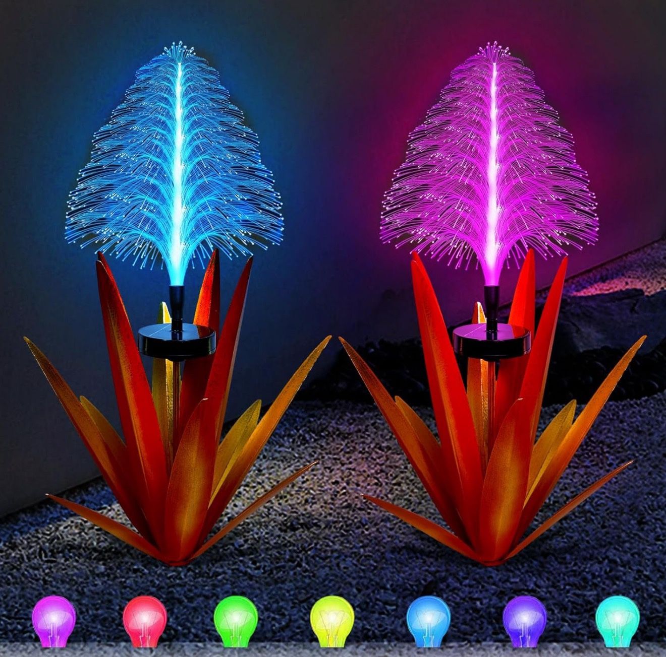 Metal Outdoor Decoration, Agave Yard Art Garden Lights Solar Outdoor, 7 Color Changing Garden Yard Pathway