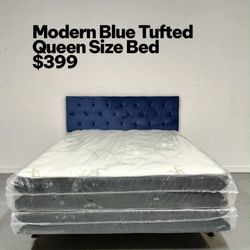 Queen Size Bed $399 ✨ Includes headboard, frame, and mattress! Gorgeous blue tufted headboard with a modern look. Perfect for any bedroom style.  🛏️ 
