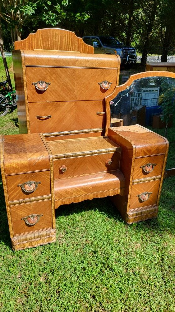 Antique Waterfall Vanity With Mirror & Dresser