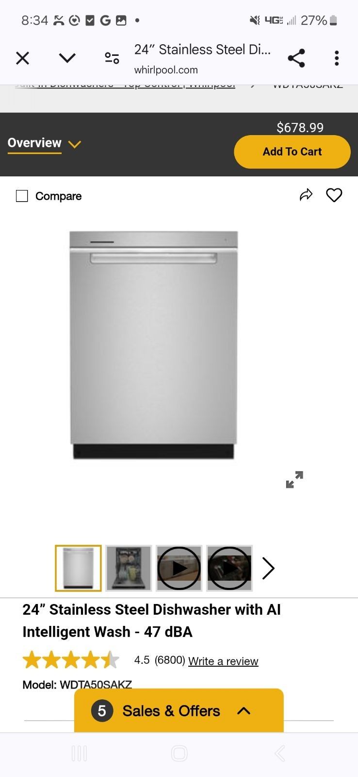 Brand New 24in Whirlpool Dishwasher With Ai Intelligent Wash