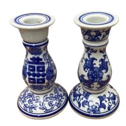 Cobalt Blue and White Candle Holder Chinese Traditonal Style 