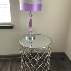 Girls Purple Jeweled Lamp & Mirrored Top Round End Table