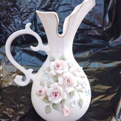 Vintage Hand painted Porcelain Pitcher in Soft Pink Bisque