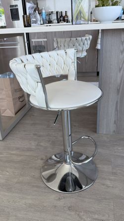 Two White Tufted Adjustable Bar Stools — Chrome Base
