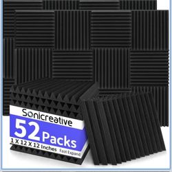 52 Pack Acoustic Foam Panels 1 X 12 X 12 Inches Large Sound Proof Foam Panels for Walls, Wedge Soundproof Wall Panels Sound Proofing Acoustic Panels
