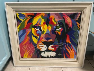 Wood framed multicolored Lion original painting