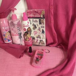 Barbiecore Barbie Things! Stickers, Sunscreen, Y2K Lipgloss Phone, Pink Long Sleeve Shirt Size L (could Fit A Medium And Maybe Even Small. Stretchy)
