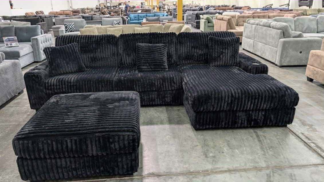 New Black Corduroy 4 Piece Modular Sectional Couch with USB and Cup Holders!