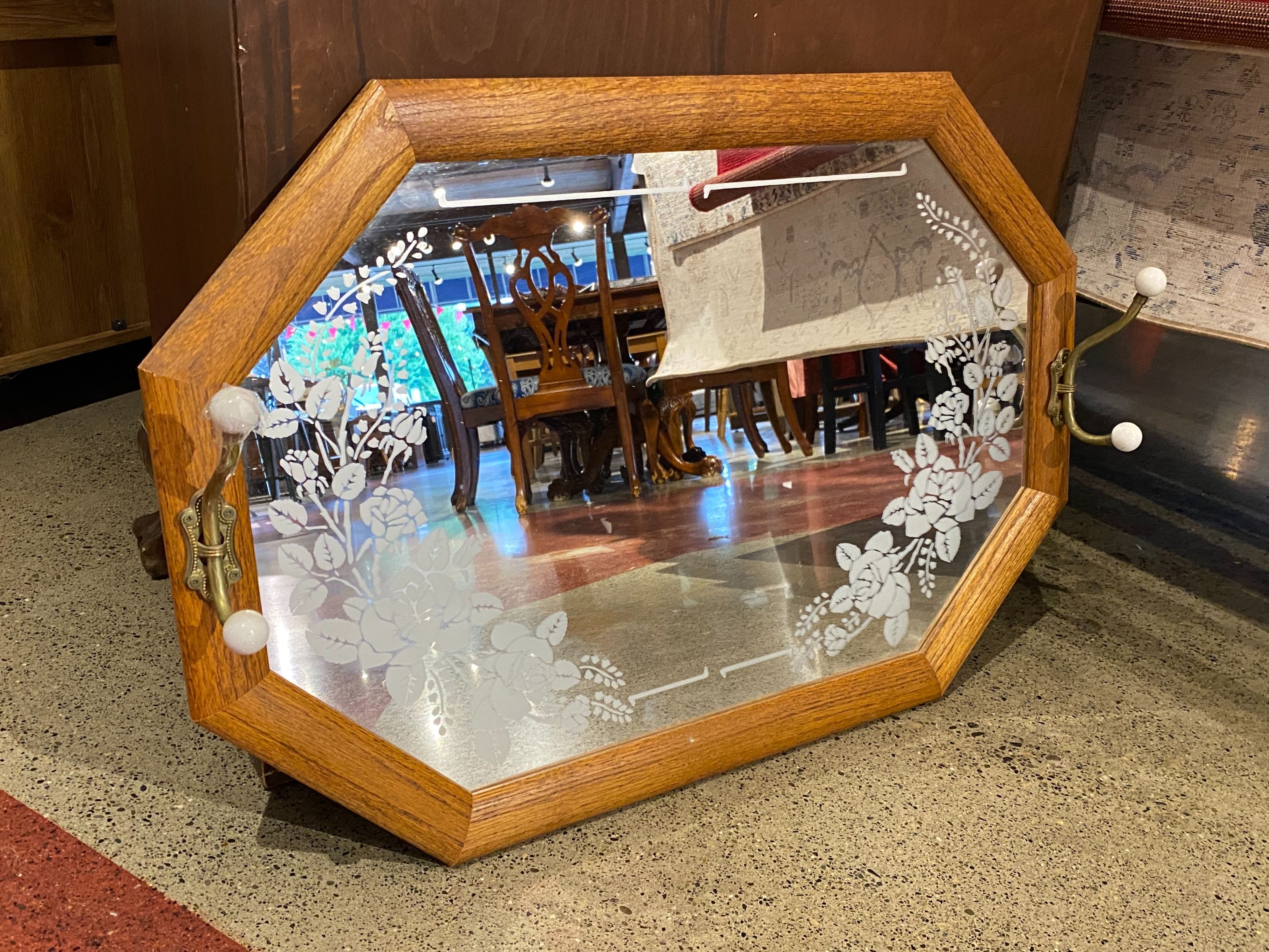 Country Rose Vintage Wall Mirror w/ Hooks