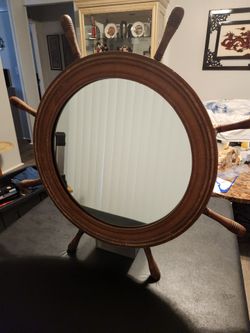 Vintage Nautical Boat Ship Steering Wheel Round Wall Mirror Wood w Handles