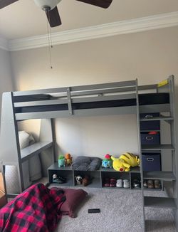 Gray Twin size loft bed with storage