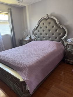 Silver/Gray Bed, dresser, and nightstand for sale