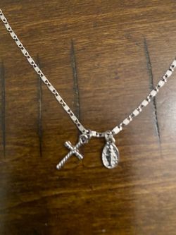Silver Chain Necklace with Cross and Medal Charms