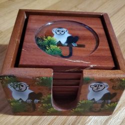 Set of 6 Wood Coasters In Box; Hand Painted; Costa Rica