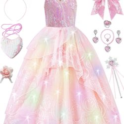 Girls Light Up Pink Witch Costume Dress - Kids Halloween Party Cosplay Outfit Clothes Apparels