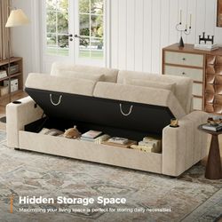 87”Large Sofa, 3 Seater Couch with Storage, Velvet Fabric Deep Seat Sofa with Pillow& Cup Holders, Modern Comfy Sofa with USB& Type-C Ports, Home Sofa