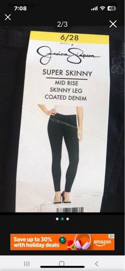 NEW Jessica Simpson Skinny Leg Mid Rise Coated Denim Black Long Pants Size 6 / Waist 28”