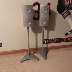 KLH Speakers Pair Of 2 On Adjustable Stands For Home Theatre Audio System Silver