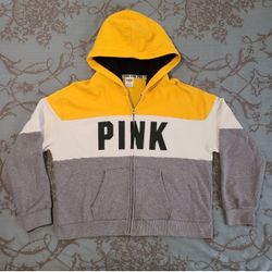 Victoria's Secret PINK Full Zip Yellow Gray White Hoodie Size Large