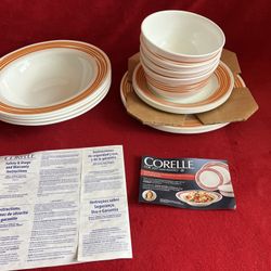 CORELLE VITRELLE JOY MANGANO SET of 4 DINNER LUNCH PLATE BOWL 16 Piece ORANGE ‼️ BREAK & CHIP RESISTANT ‼️ The ONLY 1 At This NEW In BOX ‼️