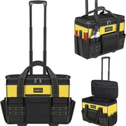 F-21" Rolling Tool Bag with Wheels,Waterproof Rolling Tool Tote Bag with Telescoping Handle,18 Pockets Multi-use Tool Bags Organizer for Construction,