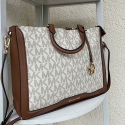 Michael Kors Tote Bag Vanilla Brown MK Logo Large Satchel
