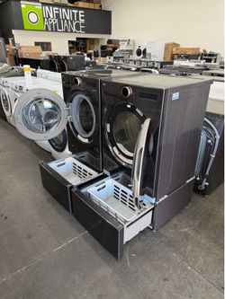 🔥 LG Black Steel Washer & Gas Dryer Set with Matching Pedestals
