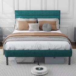 Queen Bed Frame with Velvet Upholstered Headboard, Metal Platform Bed Frame ,Dark Green