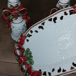 Holiday home accents christmas platter and matching candle stick holders