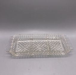 Vintage MCM Clear Herringbone Pressed Glass Relish Celery Dish Scalloped Edges