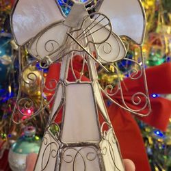 Stained Glass Angel Tea Light Candle Holder Gold & White Violin Holiday 