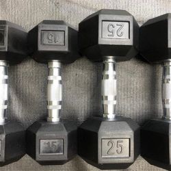 PAIRS  OF  15 LB. & 25 LB. RUBBER  HEX  DUMBBELLS 