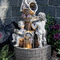 21-Inch Outdoor Water Fountain, 4-Tier Cascading Resin Cherub Garden Fountain with 3 LED Lights, European Style Decorative Water Feature for Backyard,