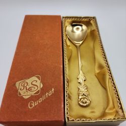 RS Gold Polished Metal Floral Dessert Spoon, Ornate Handle, Collectible, in Box