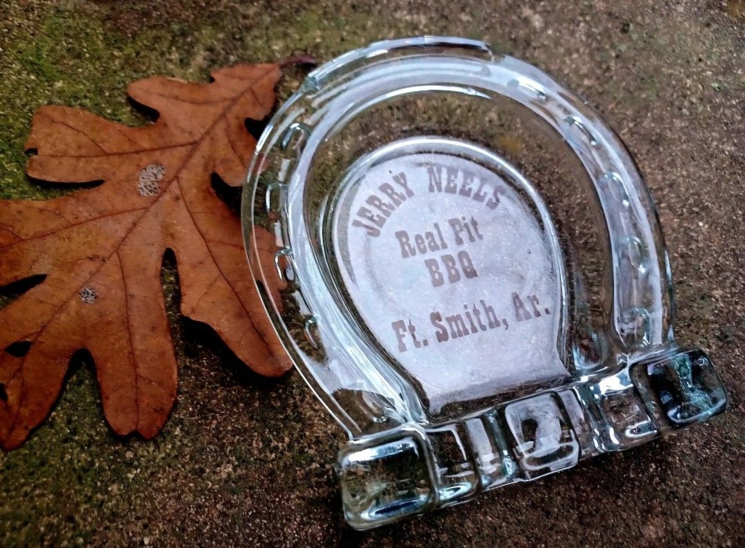 Vintage Midcentury Glass Advertising Tobbacia Ashtray Arkansas Horseshoe BBQ