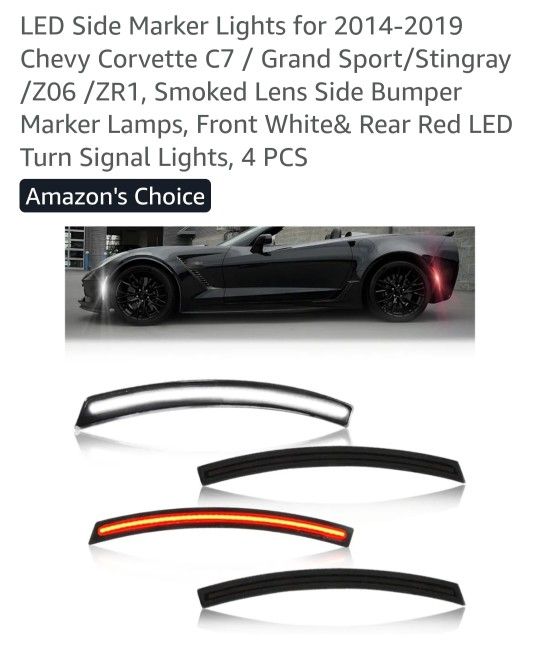 LED Side Marker Lights for 2014-2019 Chevy Corvette C7 / Grand Sport/Stingray /Z06 /ZR1, Smoked Lens Side Bumper Marker Lamps, Front White& Rear Red L