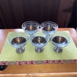 Set Of 5 Glass Etched Bowls In Metal Holders