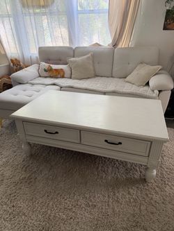 White Solid Wood Coffee Table with Drawers