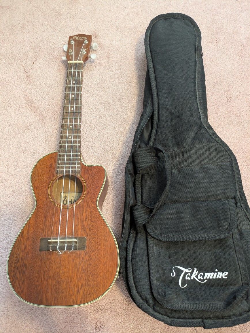 2 High Quality Ukuleles w/Cases Mahogany/Spalted Maple (OHANA CK-20CE) (ISLANDER MAC-4)