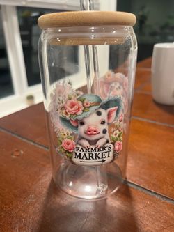 Cute pig glass cup with bamboo lid and straw