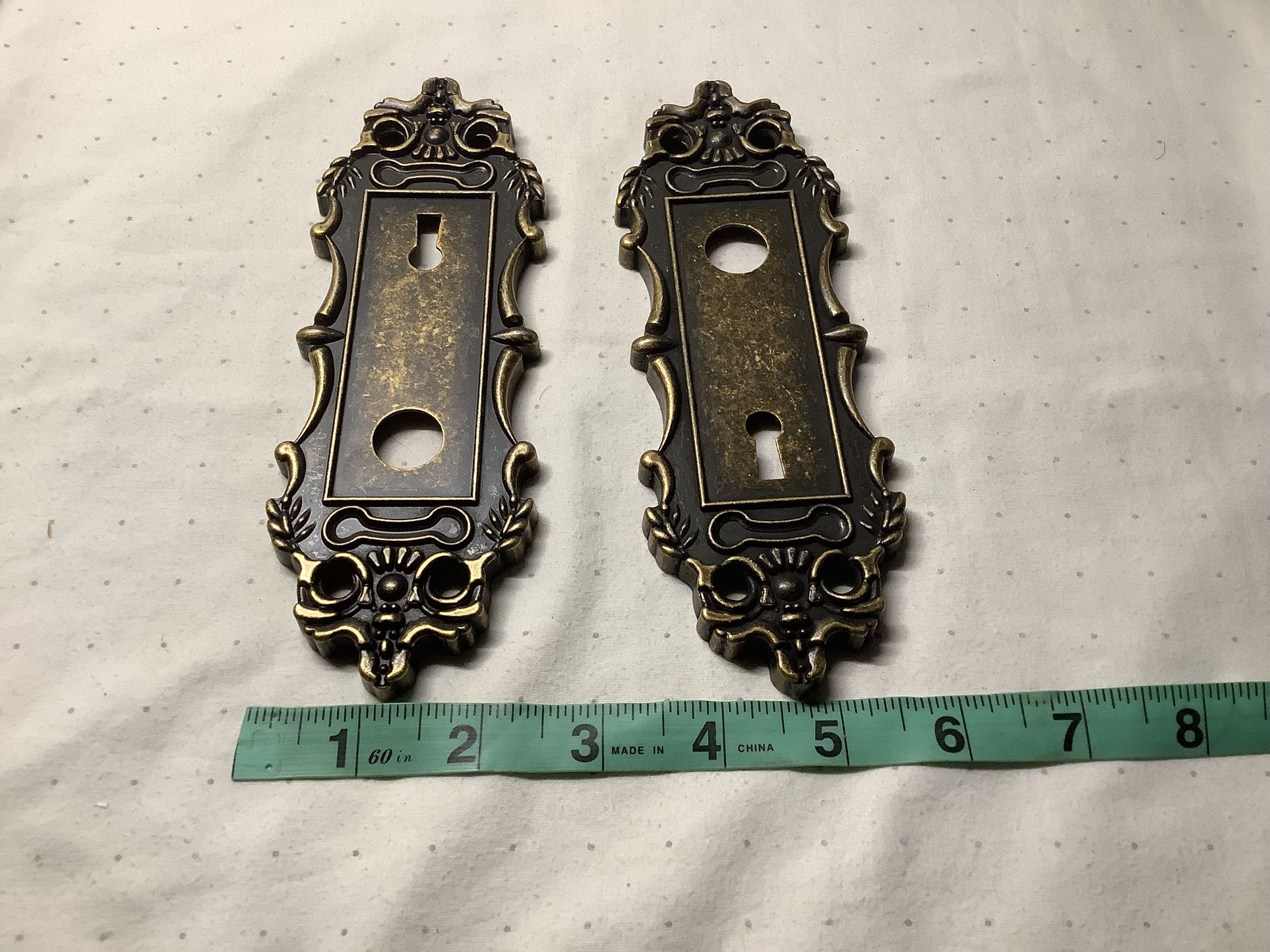 Newly plated antique door knob backplates, set of 2 interior & exterior