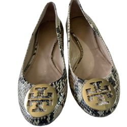 Tory Burch Reva Ballerina Flats Python Print Ballet Shoe Gold Logo Sz 9.5  Gently used sole show light wear please check photos carefully thanks for v
