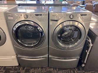 SILVER WHIRLPOOL FRONT LOAD WASHER AND DREYR SET 