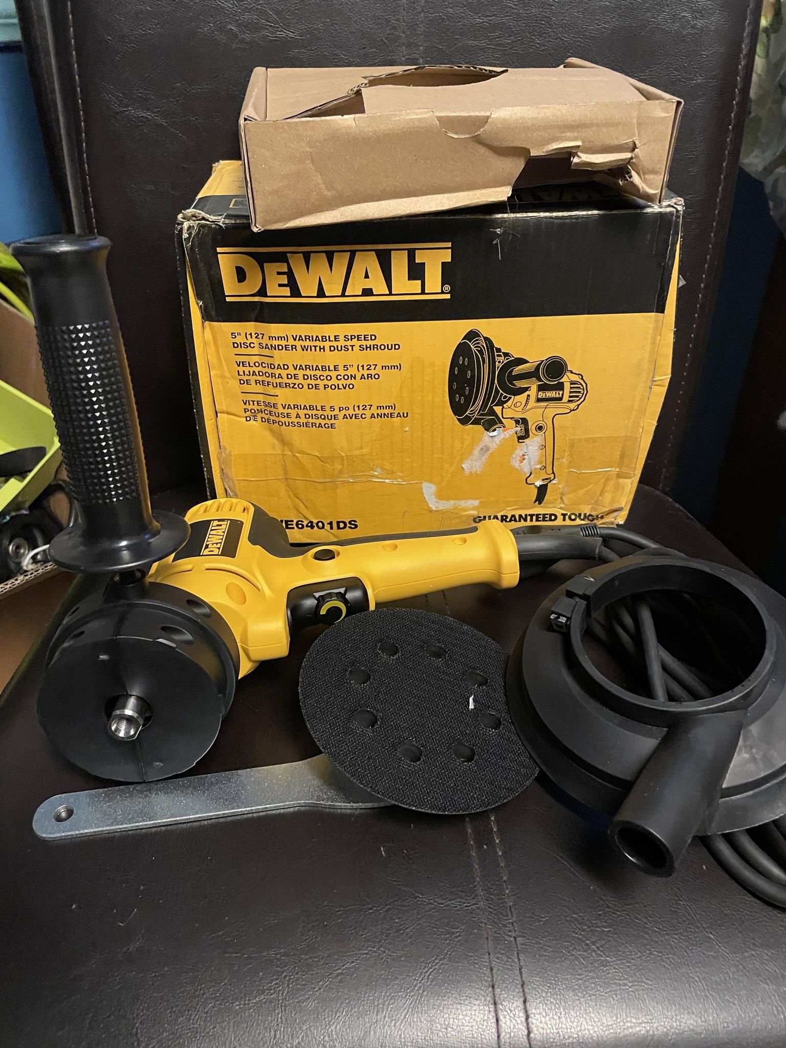 DEWALT 6 Amp Corded Variable Speed Disk Sander with 5 in., 8 Hole Hook and Loop Pad, Dust Shroud and Wrench